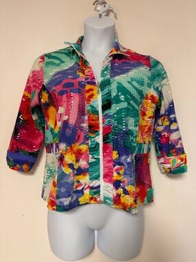 Erin London Shacket Zip Front Abstract Floral Spring Summer Dressy Cardigan LP